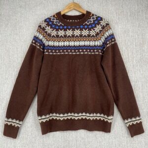 GAP Sweater Mens Medium Brown Fair Isle Crewneck Soft‎ Knit Relaxed Grandpacore